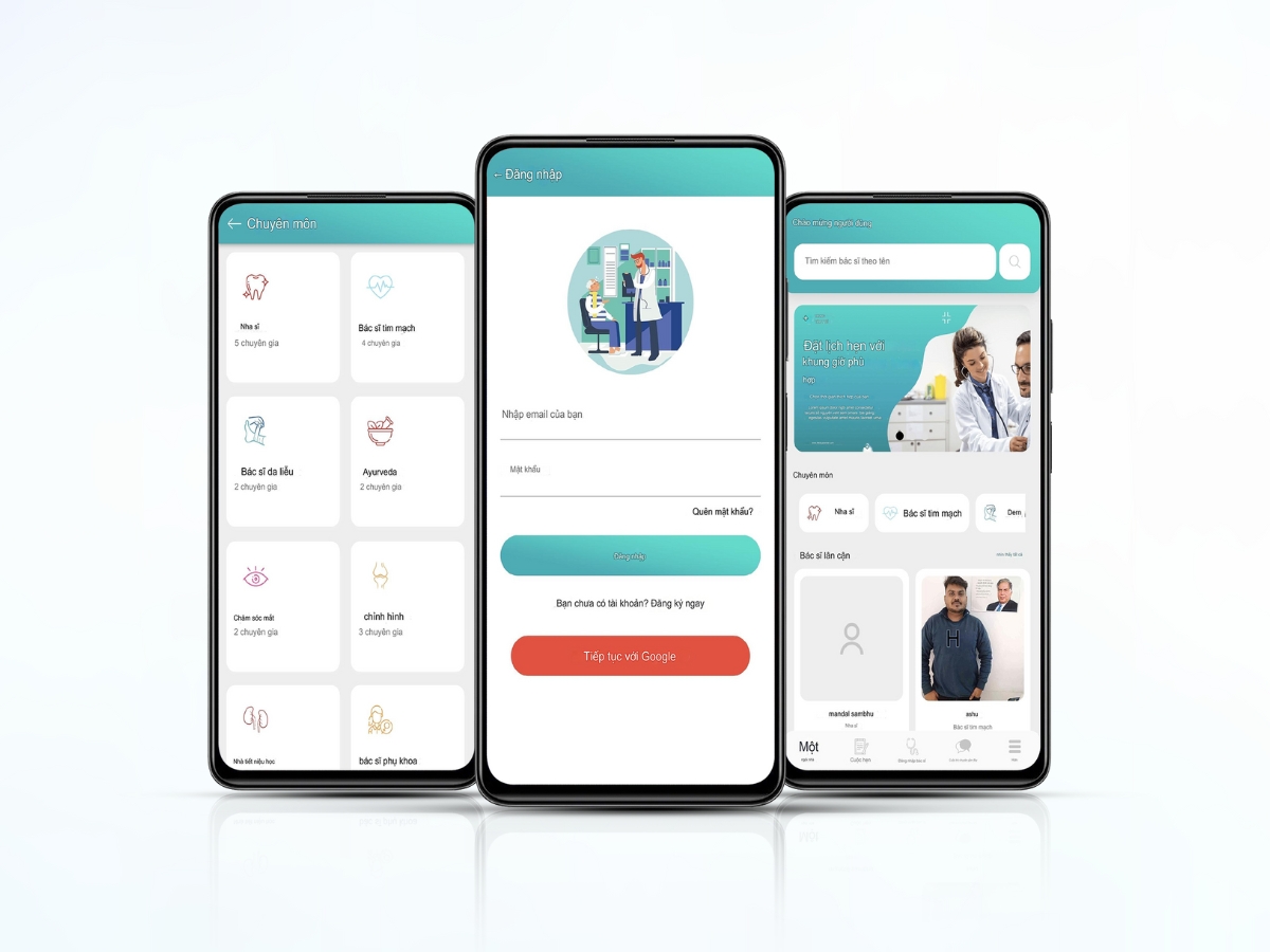 Giao diện số hóa bệnh viện trên điện thoại hỗ trợ đặt lịch khám trực tuyến.