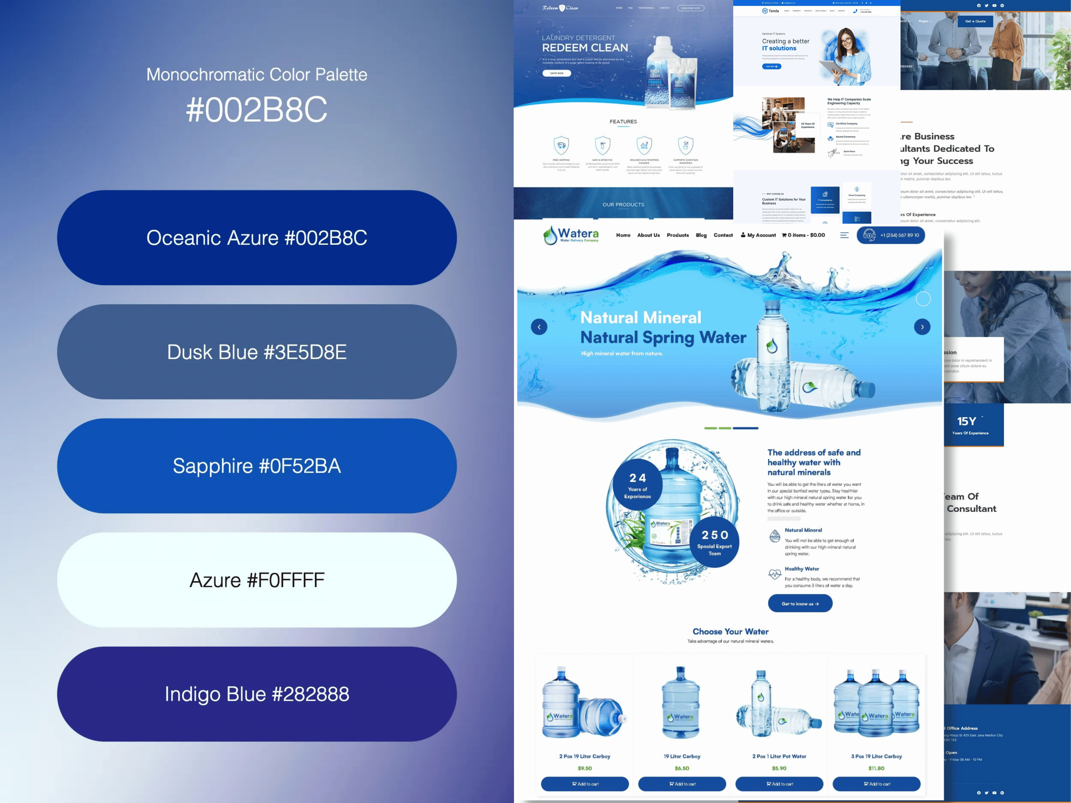 Bảng màu xanh dương thể hiện sự tin tưởng và chuyên nghiệp, phù hợp với website lĩnh vực công nghệ, doanh nghiệp và sức khỏe.