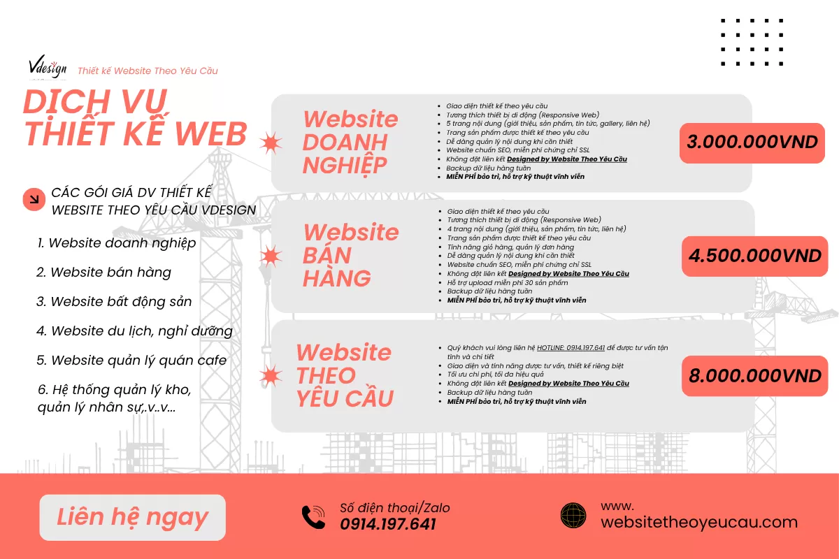 Bảng giá các gói dịch vụ Thiết kế Website Theo Yêu Cầu VDesign
