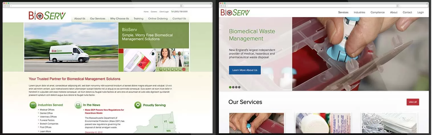 Website BioServ trước và sau khi được thiết kế lại