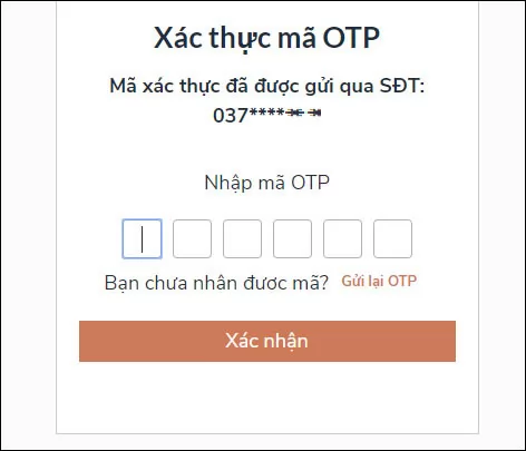 Nhập mã OTP xác nhận khi đăng ký tài khoản Website Cổng Dịch Vụ Công Quốc Gia