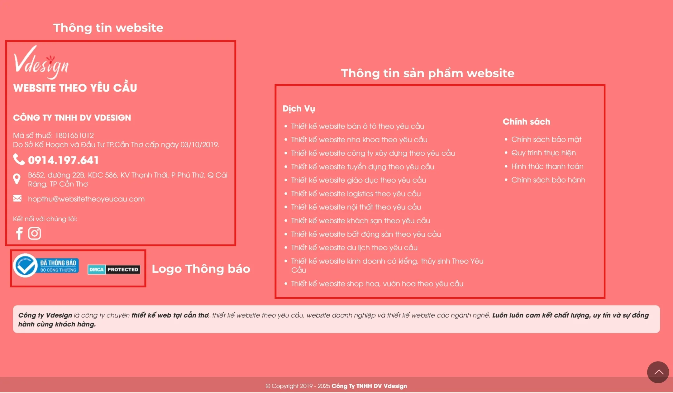Ví dụ thực tế về website đã hoàn tất Thông báo với Bộ Công Thương, logo xác nhận được hiển thị tại chân trang đúng theo quy định.