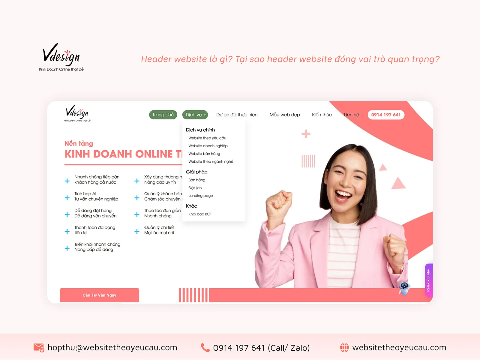 Thanh điều hướng trong header website sẽ giúp người dùng dễ dàng hiểu và khám phá dịch vụ/ sản phẩm.
