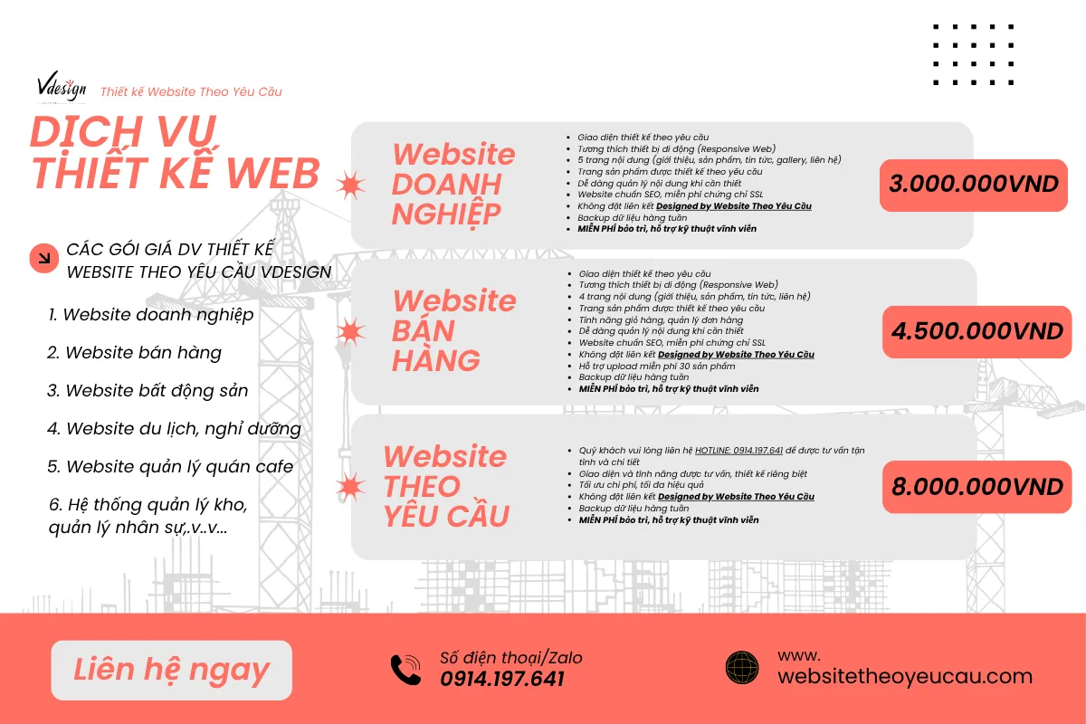 Bảng giá các gói dịch vụ Thiết kế Website Theo Yêu Cầu VDesign